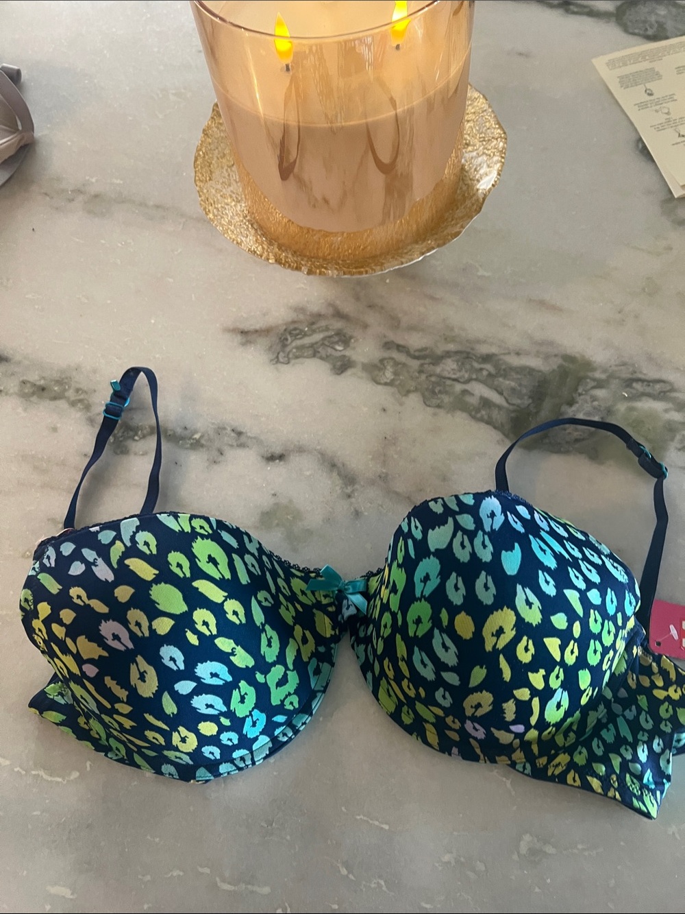 Blue & Neon Green Leopard Print Push-Up Bra